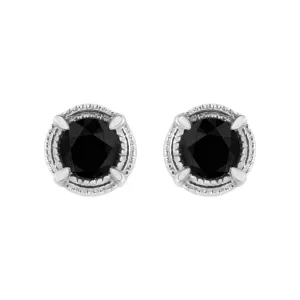 .925 Sterling Silver Treated Colored Diamond Modern 4-Prong Solitaire Milgrain Stud Earrings