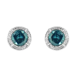 .925 Sterling Silver Treated Colored Diamond Modern 4-Prong Solitaire Milgrain Stud Earrings