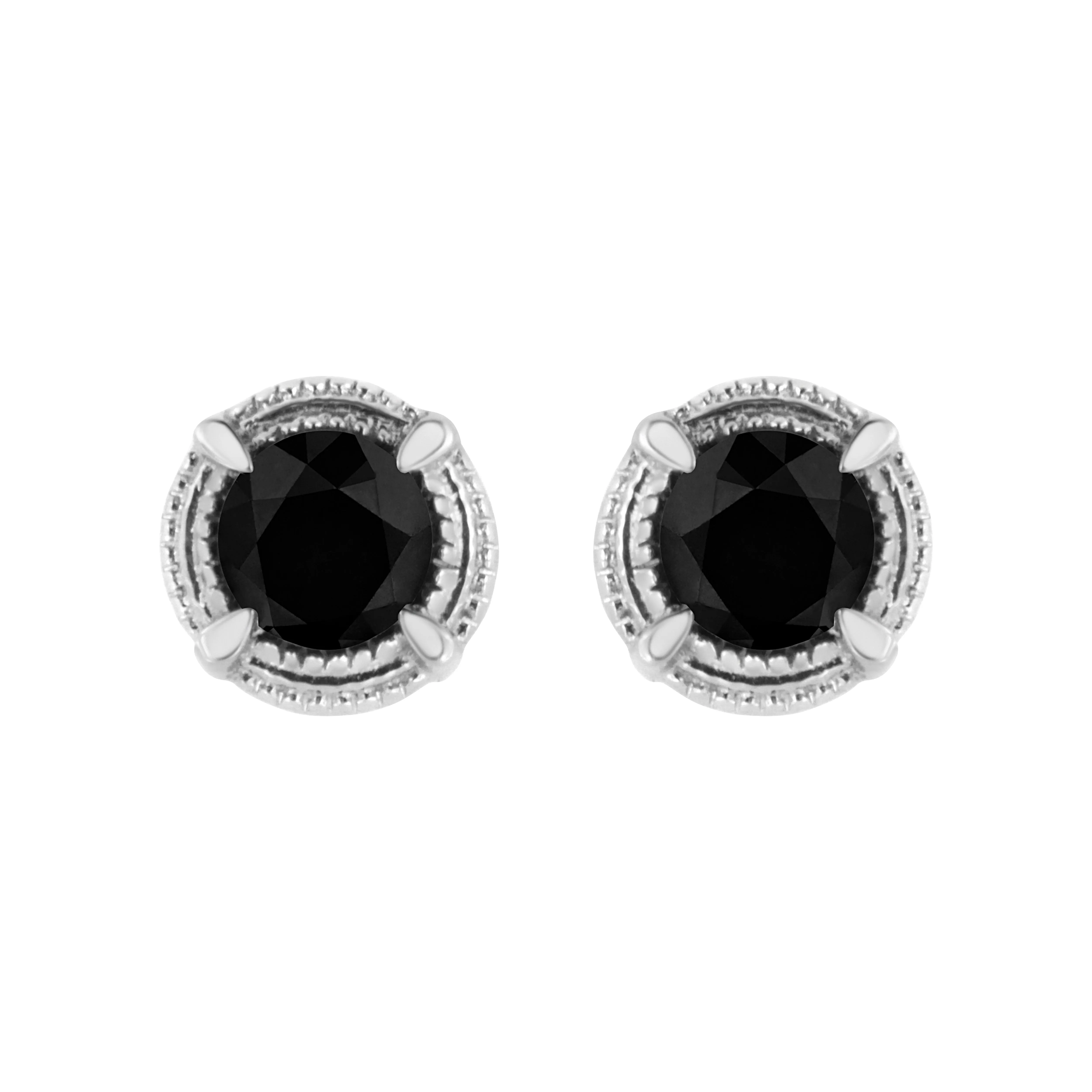 .925 Sterling Silver Treated Colored Diamond Modern 4-Prong Solitaire Milgrain Stud Earrings