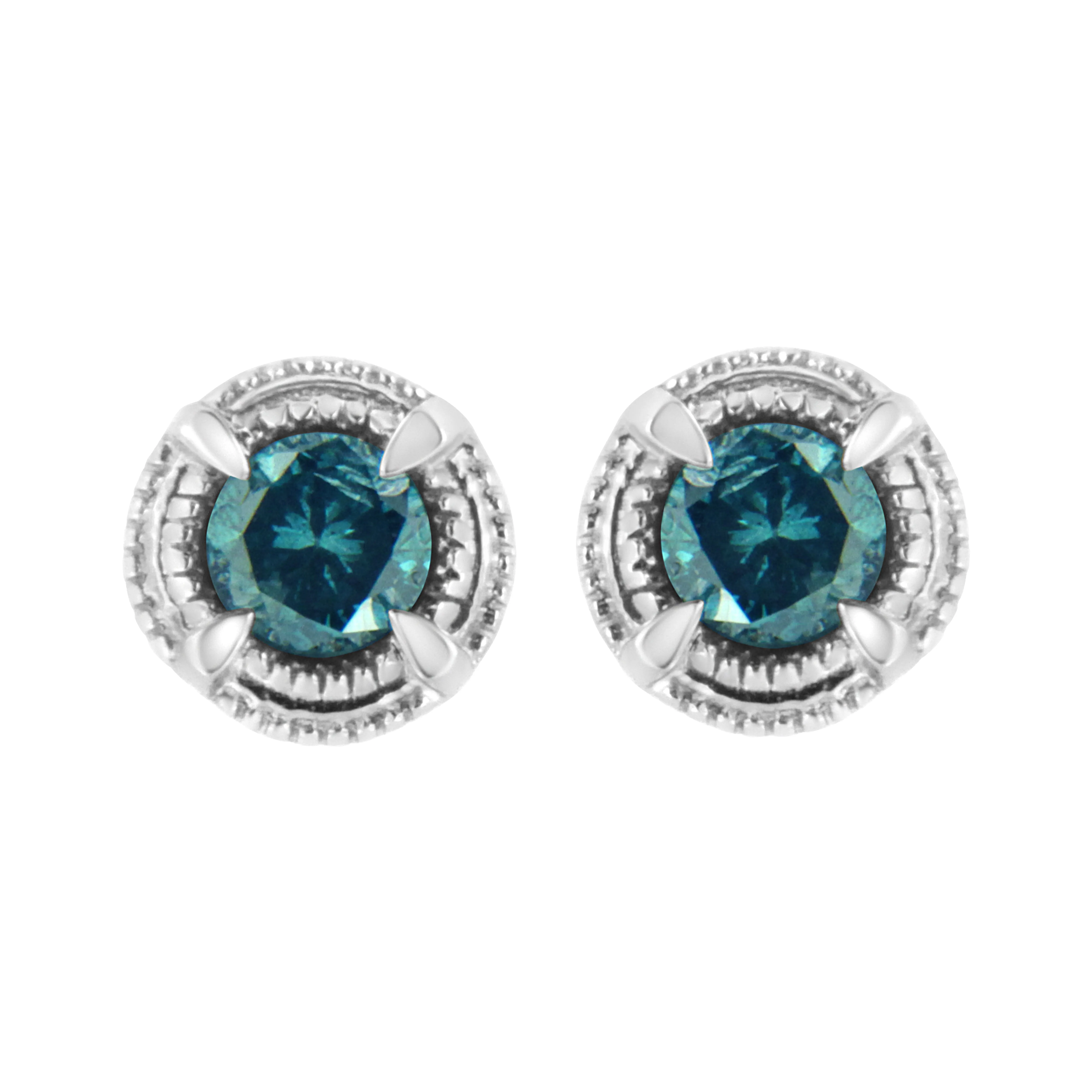 .925 Sterling Silver Treated Colored Diamond Modern 4-Prong Solitaire Milgrain Stud Earrings