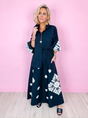 EMILIA EMBROIDERED FLORAL PANT SET - BLACK
