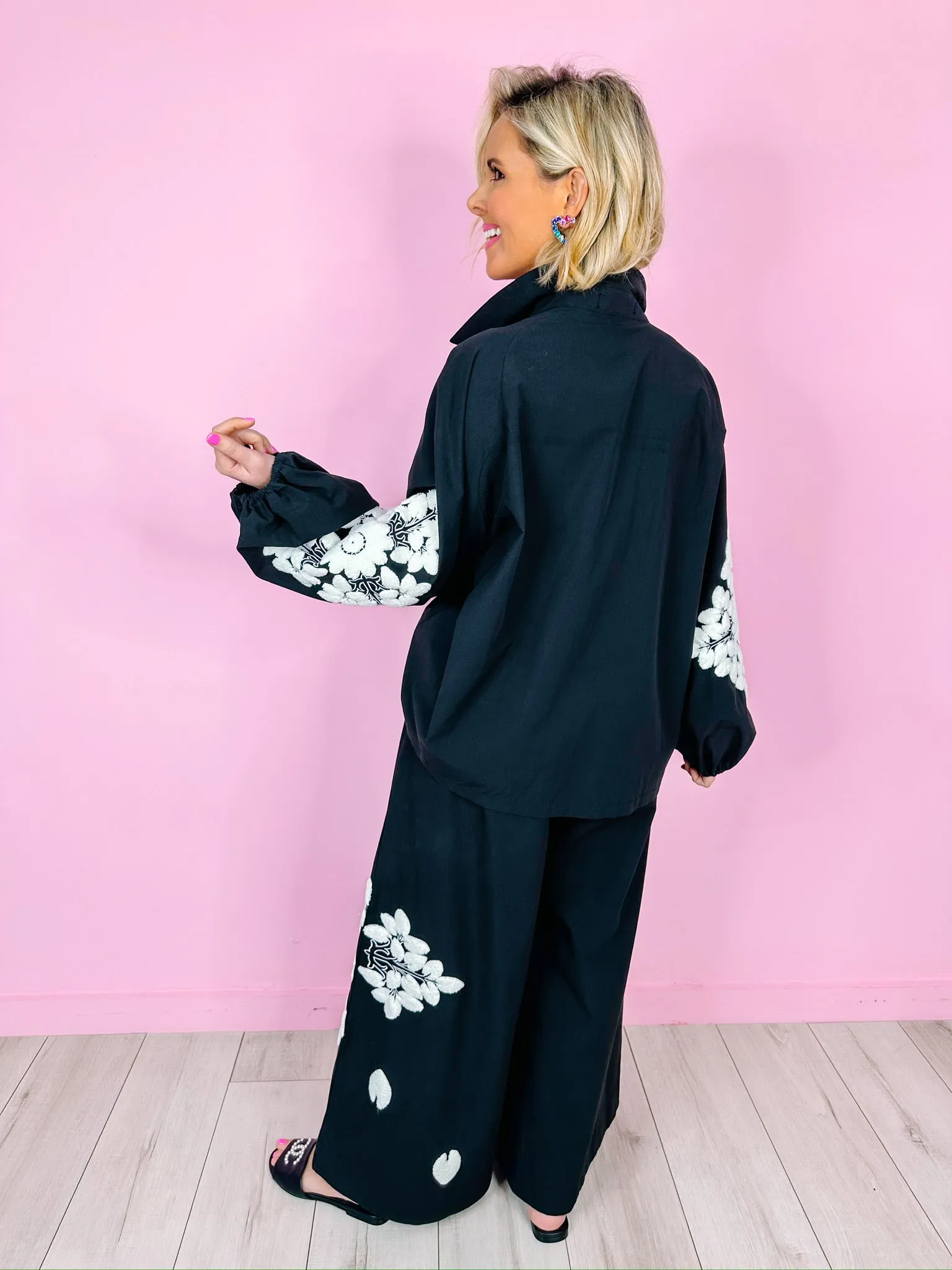EMILIA EMBROIDERED FLORAL PANT SET - BLACK