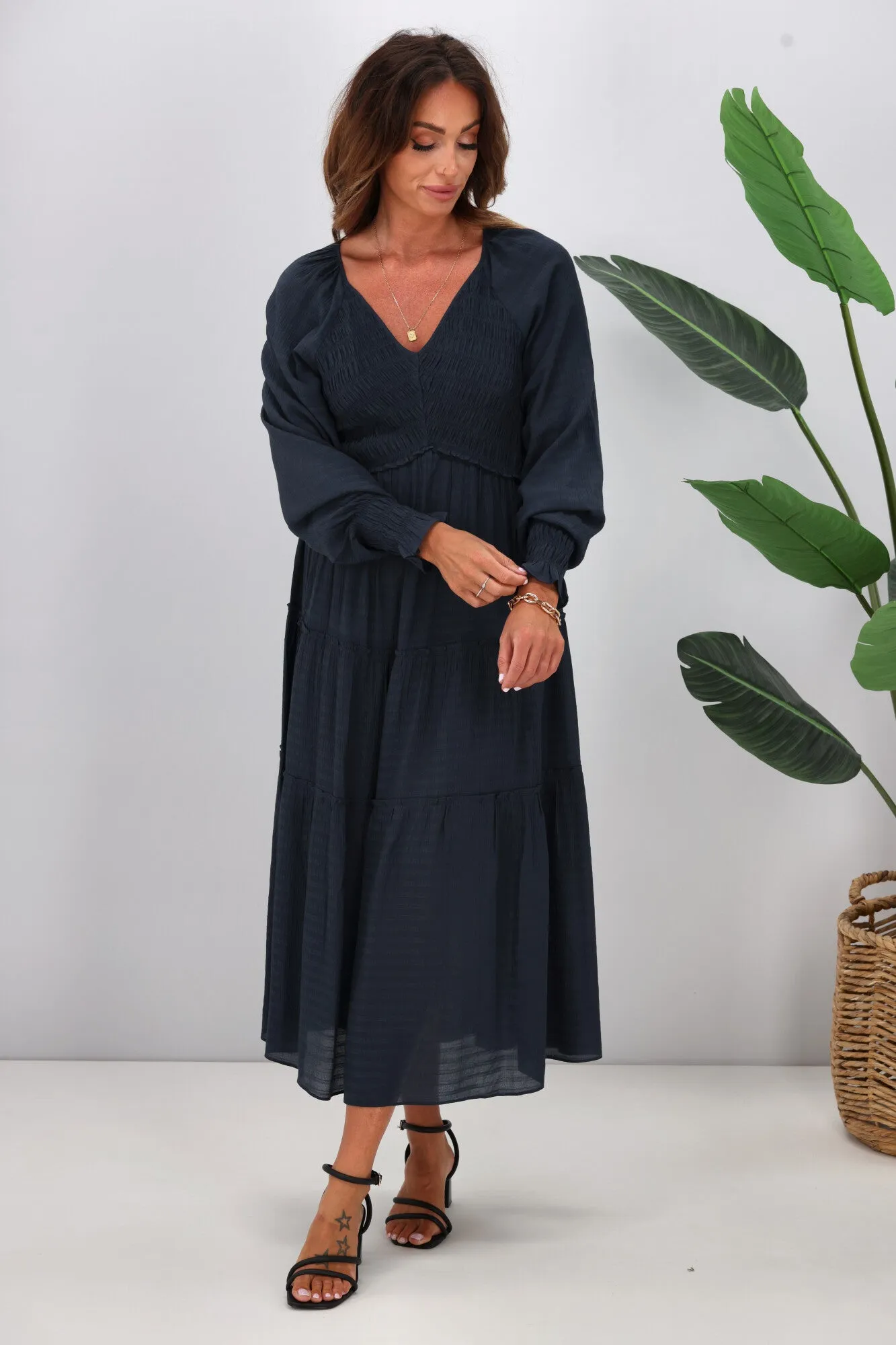 Gloss The Label Aurelia Angle Shirred Bodice Dress Blue