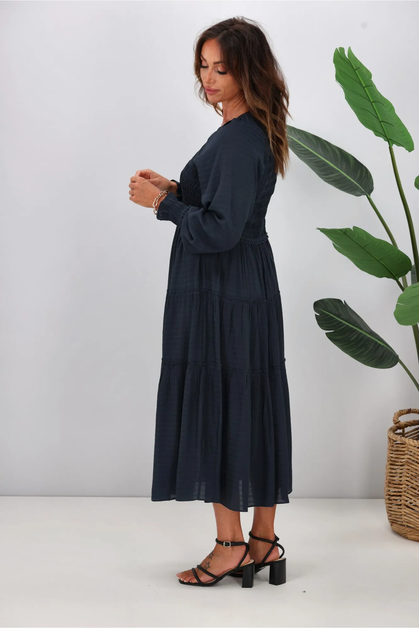 Gloss The Label Aurelia Angle Shirred Bodice Dress Blue