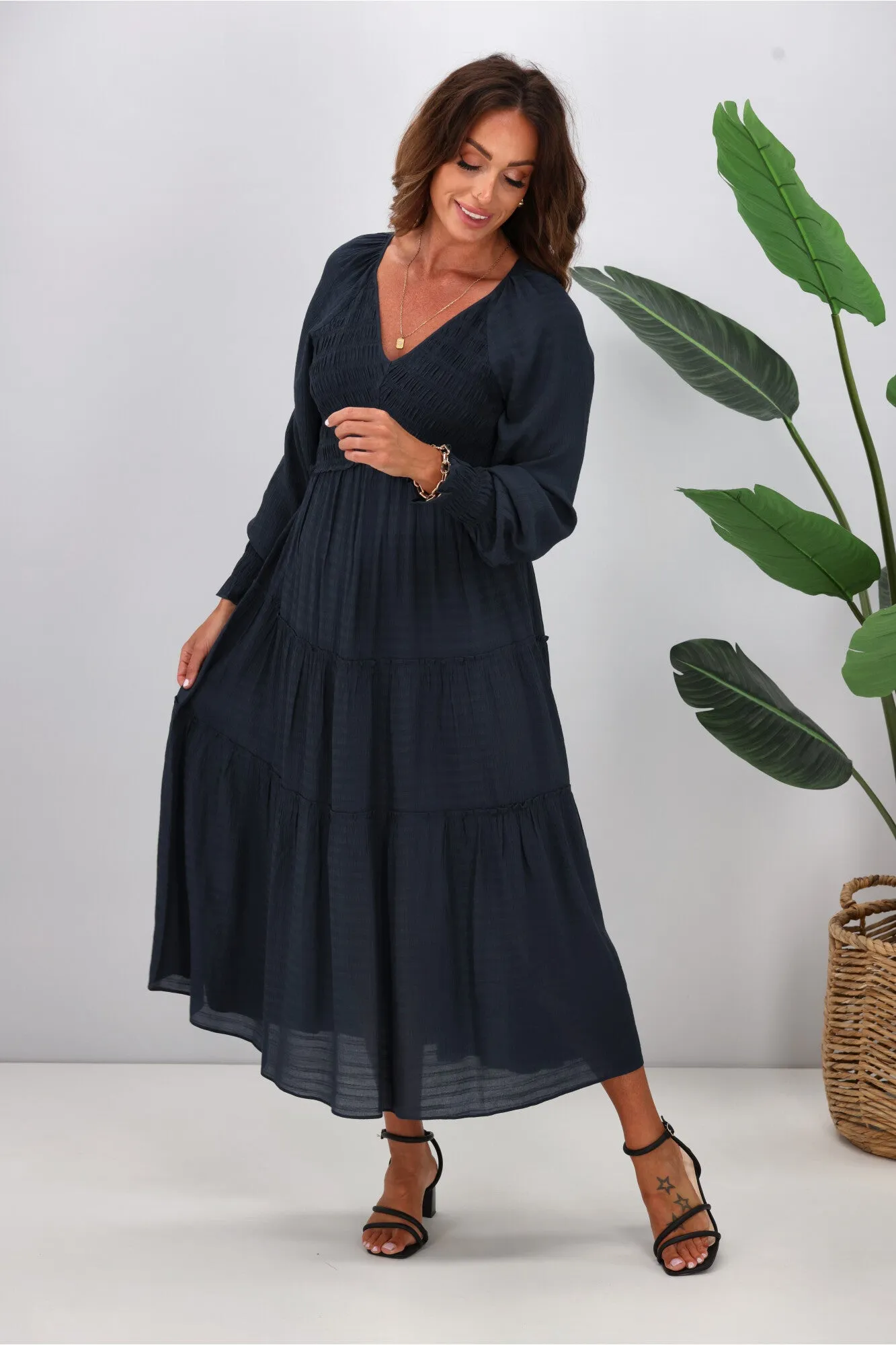 Gloss The Label Aurelia Angle Shirred Bodice Dress Blue