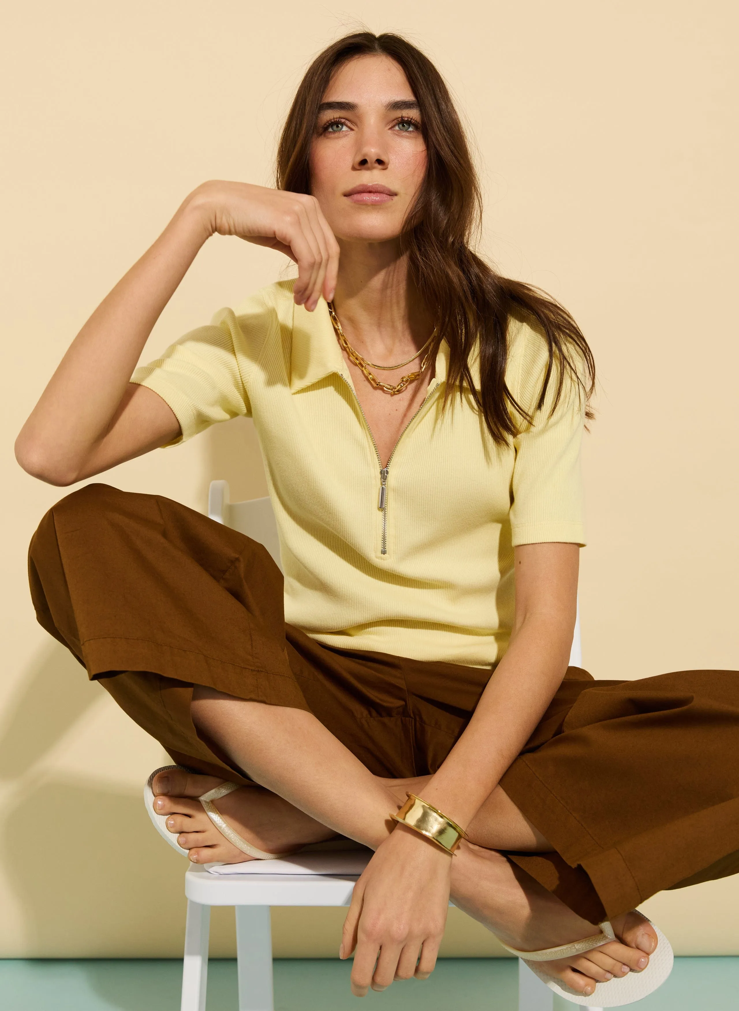 Ivy Organic Rib Zip Collar Top | Butter Yellow
