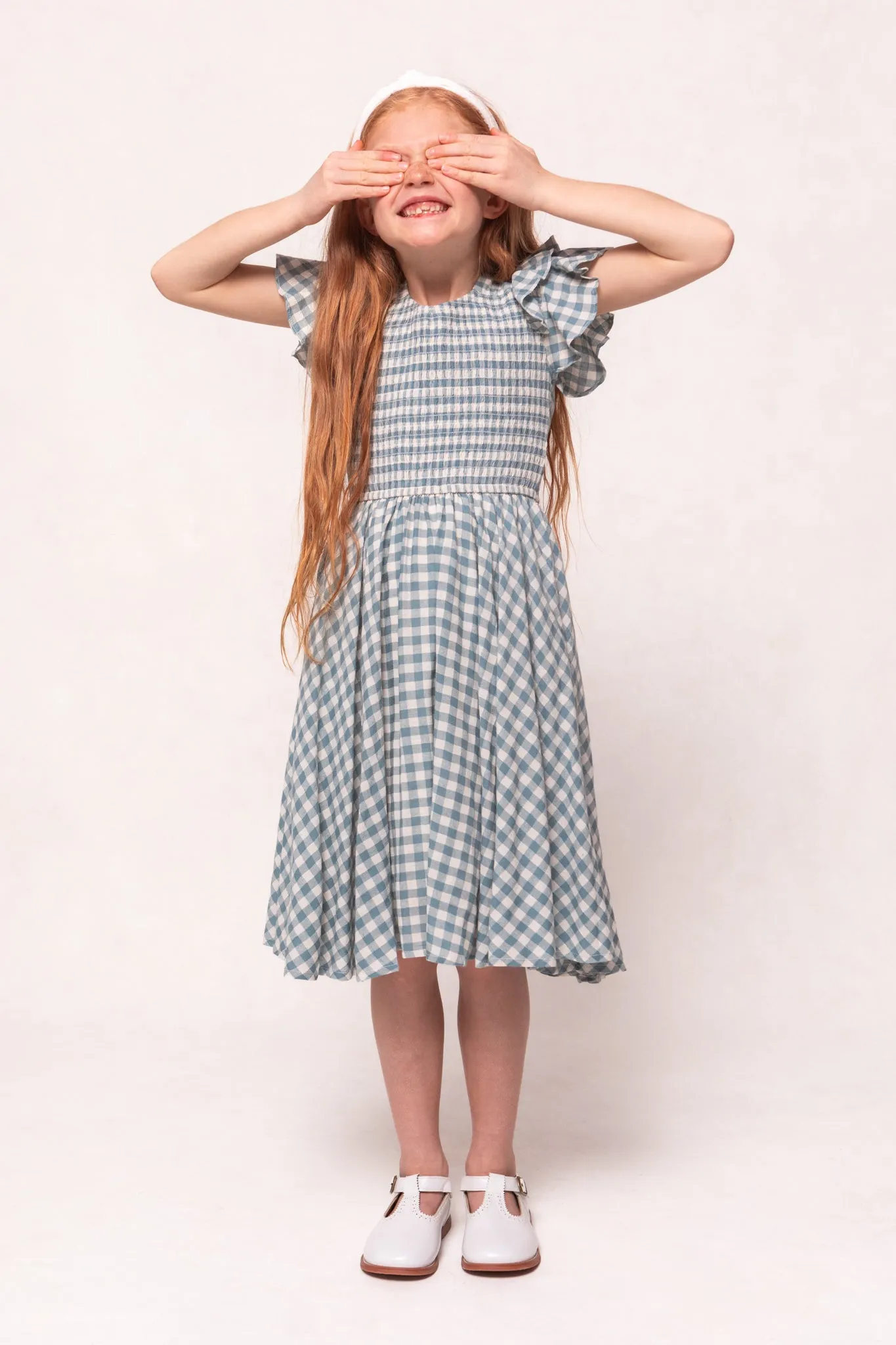 Mini Hattie Dress in Dusty Teal Gingham