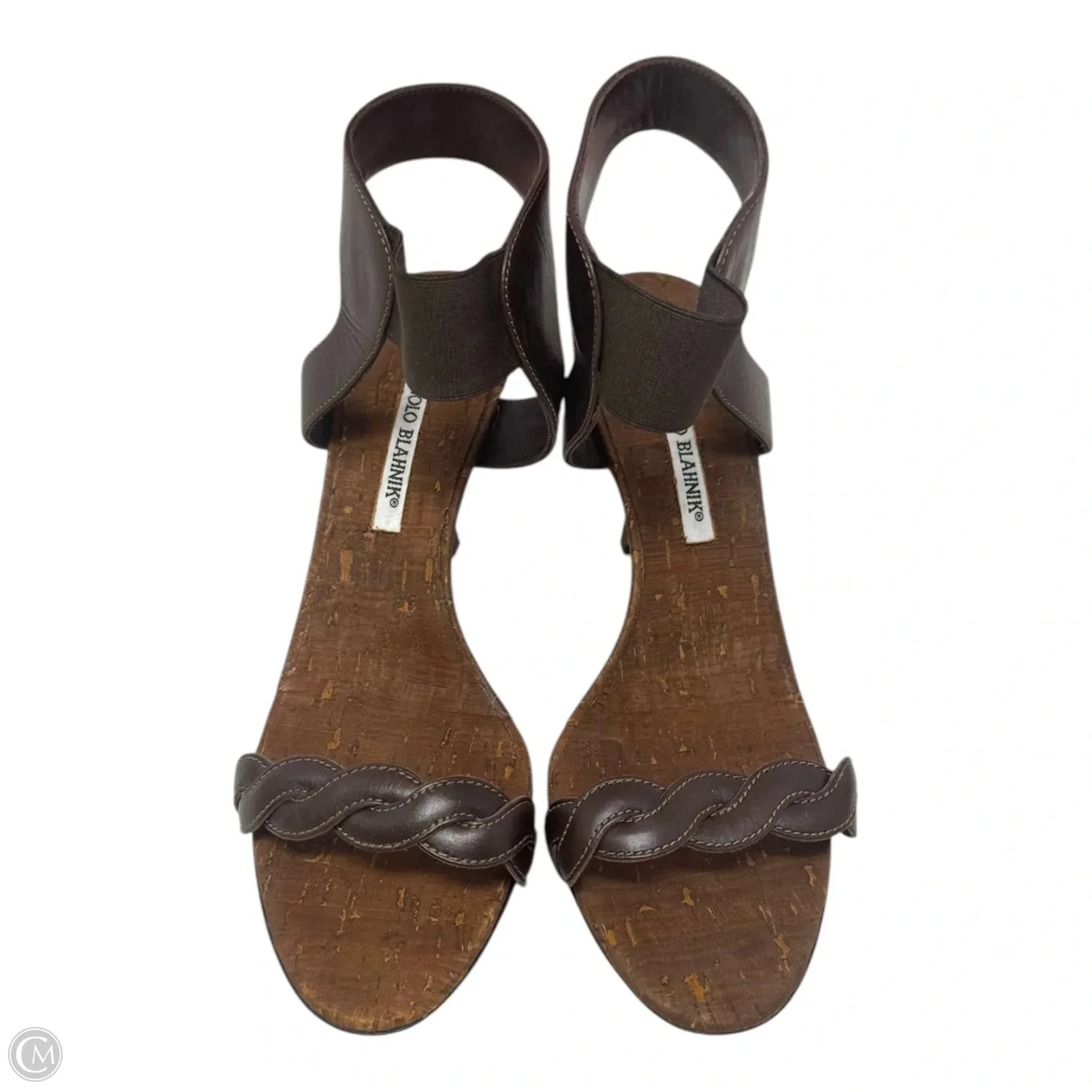 Trepe Braided Leather Heel Cork Sandals Shoes Luxury Designer By Manolo Blahnik In Brown, Size: 8 (EU 38)