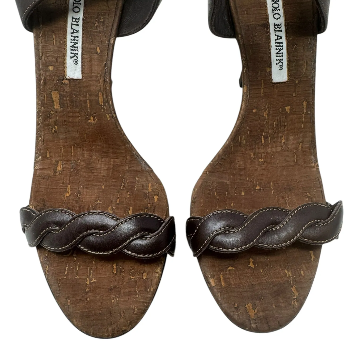 Trepe Braided Leather Heel Cork Sandals Shoes Luxury Designer By Manolo Blahnik In Brown, Size: 8 (EU 38)